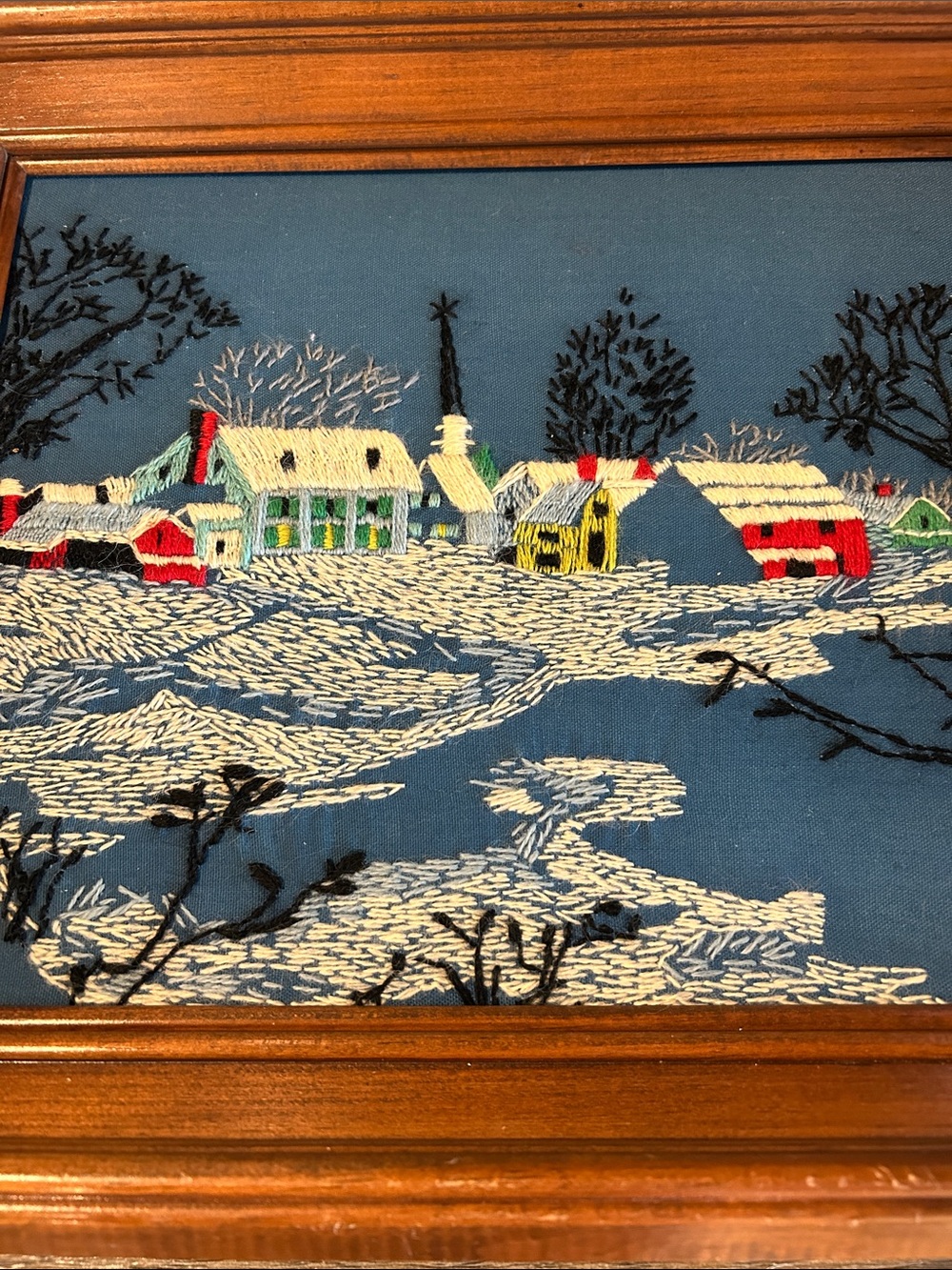 Vintage embroidery crewel work winter country scene finished and framed